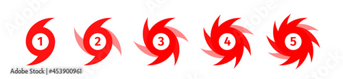 Vector illustration - set of hurricane scale indication icons. Symbolic display of wind force in a hurricane. Design of warning signs about the strength of a natural disaster photo