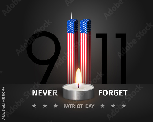 9.11 USA Patriot Day poster. Never forget September 11, 2001. Conceptual illustration of USA Patriot Day. Twin Towers are stylized as an American flag on a black with a burning candle