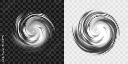 Hurricane symbol from white swirl clouds, twister on transparent background, top view. Two versions - for dark and light backgrounds