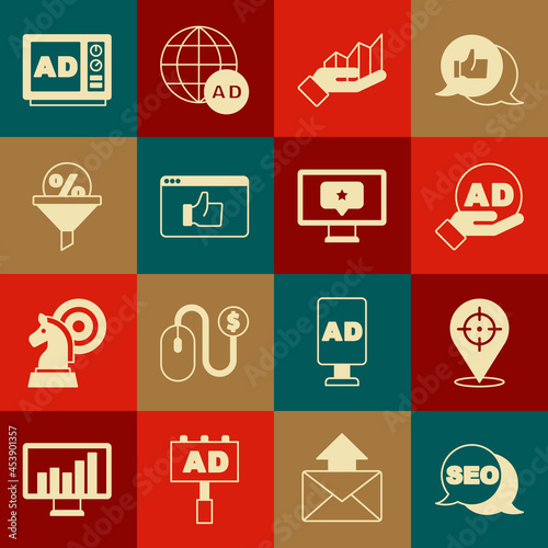 Set SEO optimization, Target, Advertising, Pie chart infographic, Customer product rating, Lead management, and Monitor with star icon. Vector
