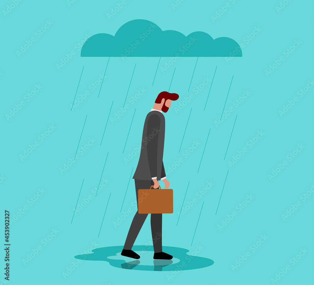 Unhappy depressed loneliness sad man in stress with negative emotion problem walking under rain cloud. Alone loser male person depression. Solitude and bad emotions in overcast weather concept. Vector