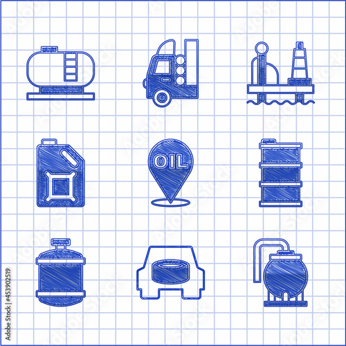 Set Refill petrol fuel location, Spare wheel in the car, Oil tank storage, Barrel oil, Propane gas, Canister for motor, platform sea and icon. Vector