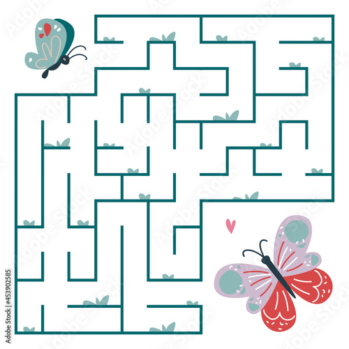 Square simple maze with two butterflies. Children s mini-game on paper is hand-drawn in the style of Scandinavian minimalism. Vector illustration with educational task for preschoolers. Labyrinth