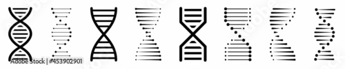 Set of DNA or Chromosome icons set. DNA icons different design. Chemistry spiral chromosome structure concept, gene microbiology. DNA Structure molecule icon. Genetics. Vector illustration.