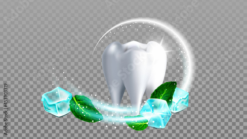 Tooth Brush Aroma Mint Leaf And Fresh Paste Vector. White Health Tooth Brushing Aromatic Toothpaste, Plant And Cold Ice Cubes. Mouth Hygiene Treatment Template Realistic 3d Illustration