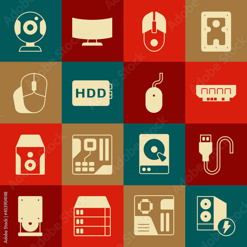 Set Case of computer, USB cable cord, RAM, random access memory, Computer mouse, Hard disk drive HDD, Web camera and icon. Vector