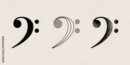 F clef, bass music symbol. Set of vector illustration, EPS 10. Silhouette, line and grunge design