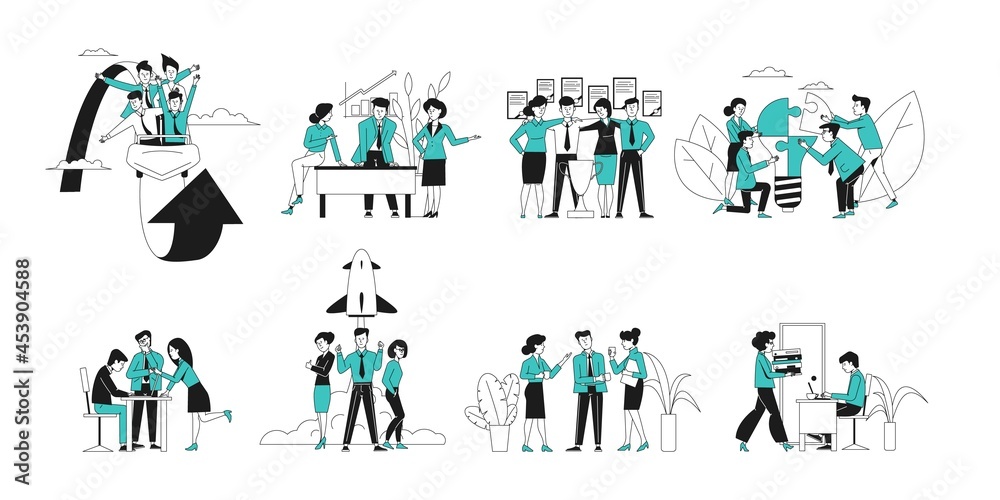 Successful business startup. Flat professional people, office workers. Executive employee, teamwork and leadership, career recent vector scenes Successful business startup. Flat professional people, office workers. Executive employee, teamwork and leadership, career recent vector scenes