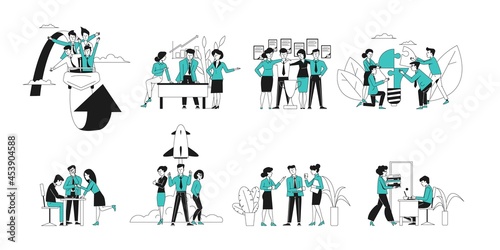 Successful business startup. Flat professional people, office workers. Executive employee, teamwork and leadership, career recent vector scenes