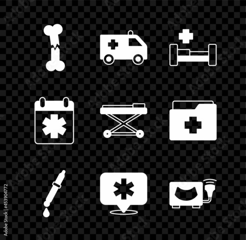 Set Human broken bone, Ambulance car, Hospital bed, Pipette, Location hospital, Ultrasound, Doctor appointment and Stretcher icon. Vector
