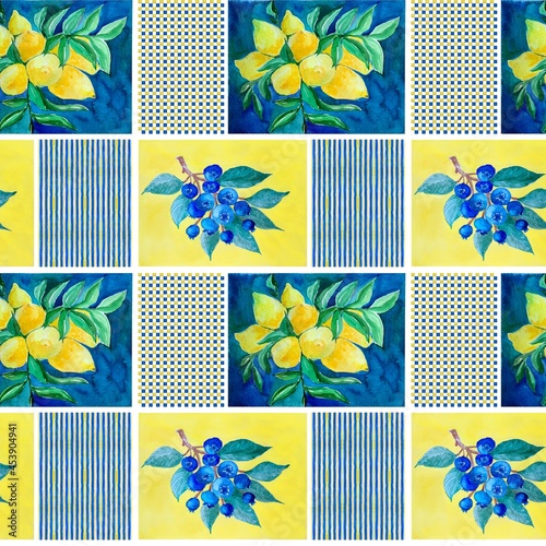 Wallpaper Mural Watercolor pattern with a branch of lemons and blueberries for tablecloth or packaging in a cafe Torontodigital.ca