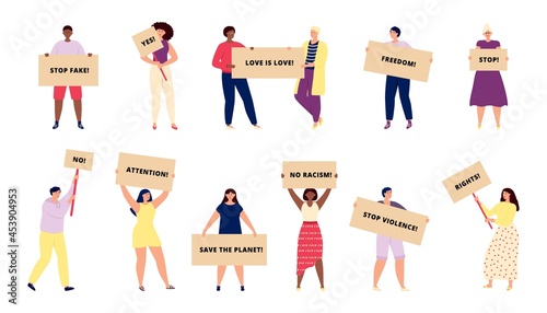 Protest crowd. Demonstration characters, people holding placards. Public activists, isolated young diverse adults with banners utter vector set