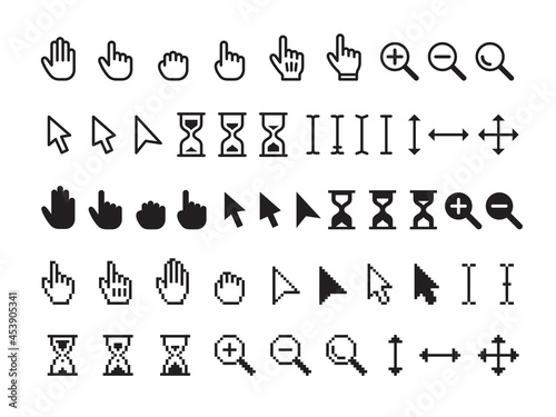 Pointer cursor icon. Sign pointers, computer web hand and arrows. Click mouse symbols, black search, select and grabbing tidy vector collection