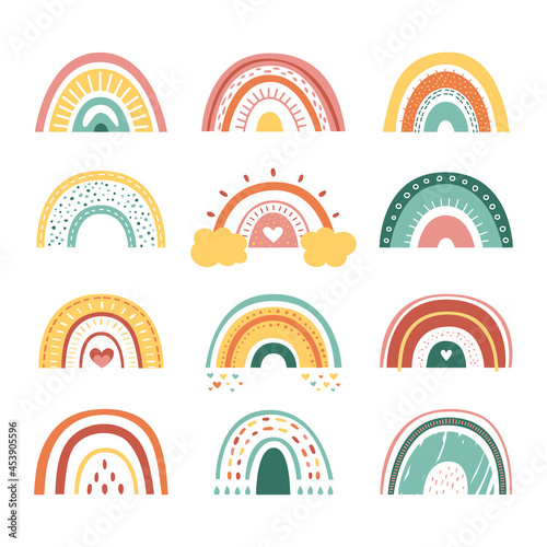 Scandinavian rainbows. Color rainbow stripes, different abstract kids art. Modern nursery baby stickers, cute boho simple classy vector elements