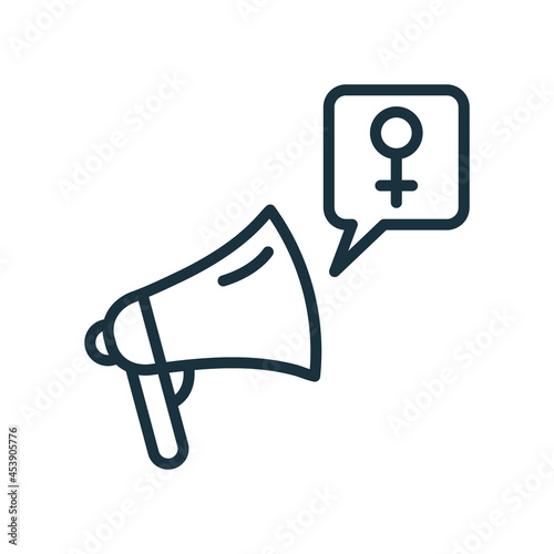 Megaphone with Female Gender symbol Line Icon. Feminism Movement and Protest Linear Pictogram. Girl Power Outline Icon. Editable Stroke. Isolated Vector Illustration