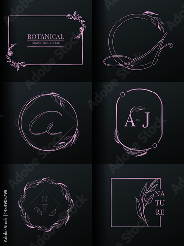 Collection of luxury logos. Rose gold initials and floral emblems for company logo, corporate identity and wedding monograms