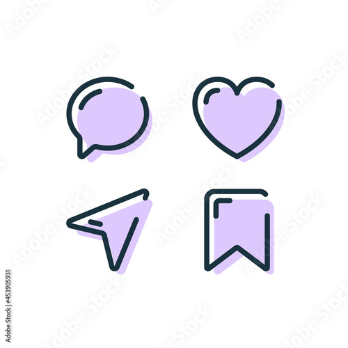 Set of Social Media Stickers Line Icon. Save, Share, Send, Like, Comment for Mobile Phone App Linear Pictogram. Message Buttons with Shadow Outline Icon. Editable Stroke. Isolated Vector Illustration