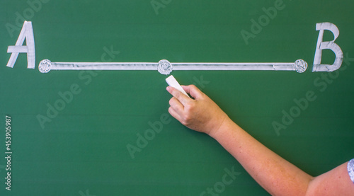 Obraz na płótnie A segment with two dots drawn in white chalk on a green blackboard and a space for copying. Concept-math lesson or business success w salonie
