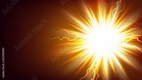 Lightning Light Explosion Banner Copy Space Vector. Abstract Electric Lightning Shock Advertising Poster. Electricity Glowing Shiny Sphere Marketing Template Style Color Illustration