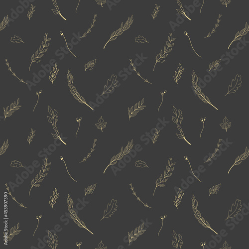 Vector seamless background of yellow doodle leaves and branches on the dark grey background. Endless pattern, freehand drawn botanical ornament for textile, scrapbooking, wrapping paper, invitations.