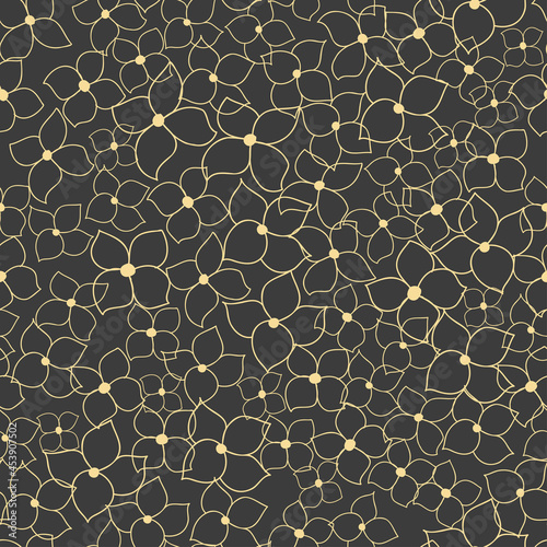 Vector seamless pattern of trendy yellow hydrangea doodle flowers on the dark grey background. Endless backdrop, digital freehand drawn botanical ornament for textile, scrapbooking, wrapping paper