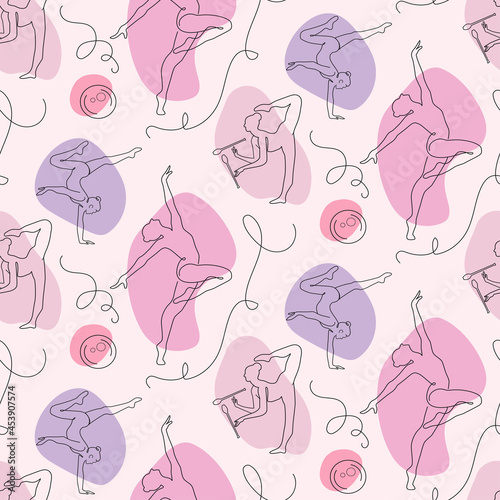 Vector rhythmic gymnasts line drawing seamless pattern on abstract shape background. Modern sport art.