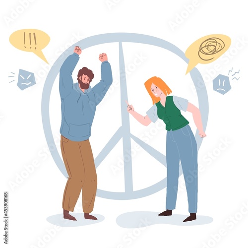 Vector cartoon flat pair of characters quarreling,arguing in break up scene.Healthy personal relationships,emotions,social behavior and family psychology concept,web site banner ad design
