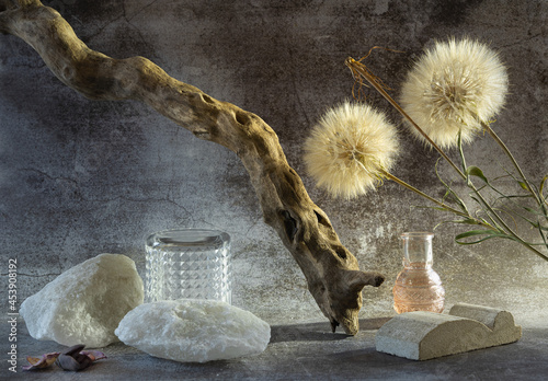 Podiums made of natural salt stone, a concrete mold and a glass cup, next to a decorative tree-a snag and dried flowers with a vase. Concept mockup display..