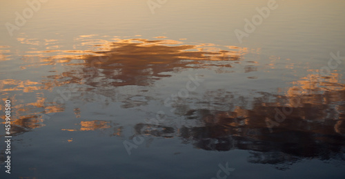 Mirrored clouds on a lake while sunset