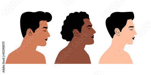 Persons of different nationalities in profile. Cartoon face portrait of men without clothes, vector illustration of diverse nations and colors avatars isolated