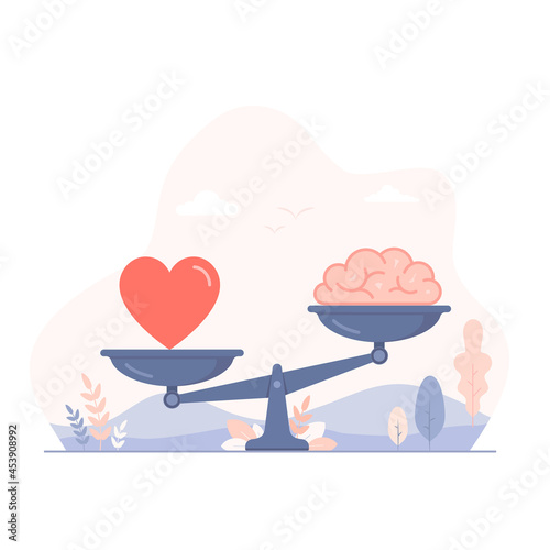 Balance between brain and heart on scales illustration. Vector concept flat design illustration