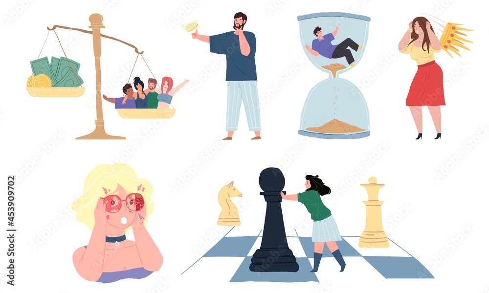 Obraz premium Set of flat cartoon characters in life attitude scenes depicted by metaphors- self-conceit problem,wearing pink glasses,time pressure,life values,decisions making concept,web site banner design