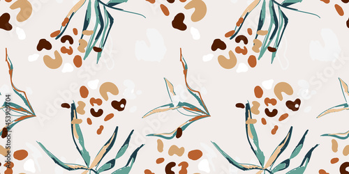 botanical seamless pattern in the boho style. Pattern with foliage and animal stylized leopard print. Hand drawn trendy abstract illustrations.