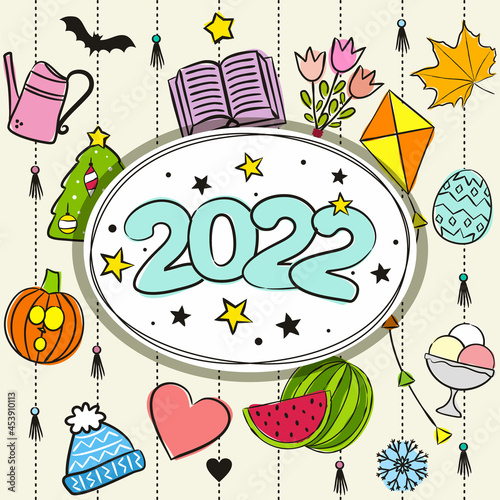 Thematic template for a calendar for 2022. Cover for the calendar with the seasons. Pattern for printing yearbooks and notebooks. Vector hand-drawn illustration, doodle style.