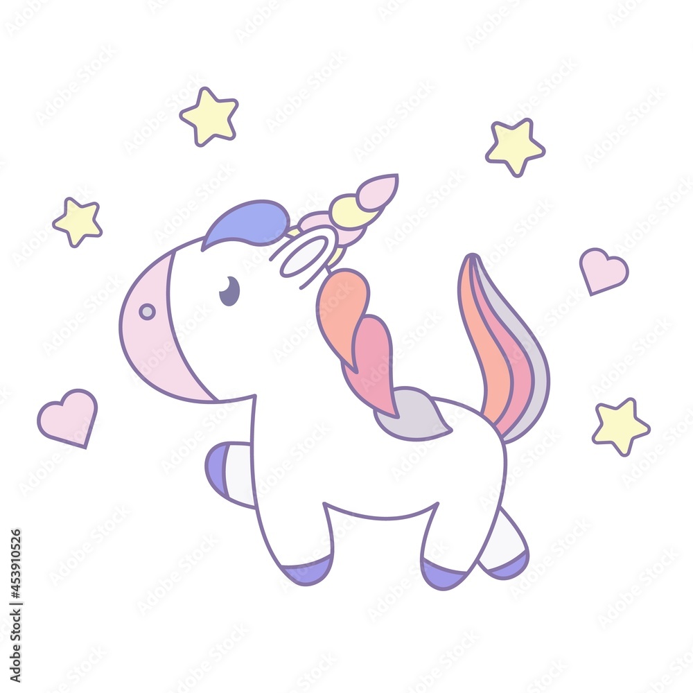 Naklejka premium Cute Baby unicorn with hearts and stars. Unicorn hand drawn isolated on a white background (Pastel pattern). Illustration of fairytale horse