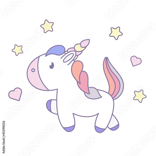 Cute Baby unicorn with hearts and stars. Unicorn hand drawn isolated on a white background (Pastel pattern). Illustration of fairytale horse 