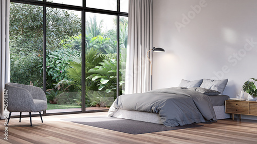 Foto Modern bedroom with tropical style garden view 3d render,The Rooms have wooden floors ,decorate with gray fabric bed,There are large sliding doors, Overlooks wooden terrace and green garden