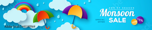 Monsoon sale offer banner template with paper cut clouds, rainbow and colorful umbrella on blue background. Vector illustration. Place for text. Overcast sky with rain