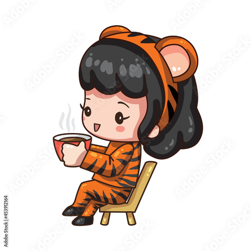 Vector illustration of cute chibi character isolated on white background. Cartoon girl in tiger costume for chinese new year 2022. Girl holding cap of coffee in her hand.
