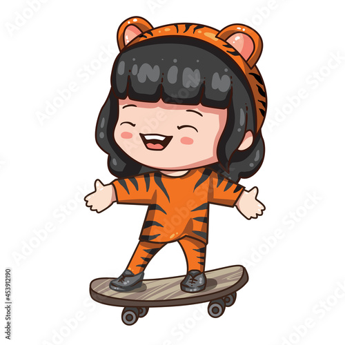Vector illustration of cute chibi character isolated on white background. Cartoon girl in tiger costume for chinese new year 2022. 