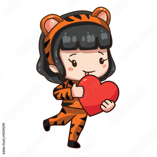 Vector illustration of cute chibi character isolated on white background. Cartoon girl in tiger costume for chinese new year 2022. 
