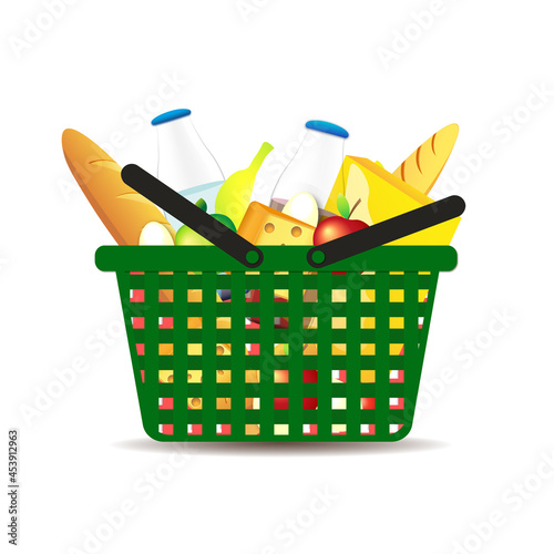 Green grocery basket filled with food. Сonsumer basket. Shopping for groceries in the store