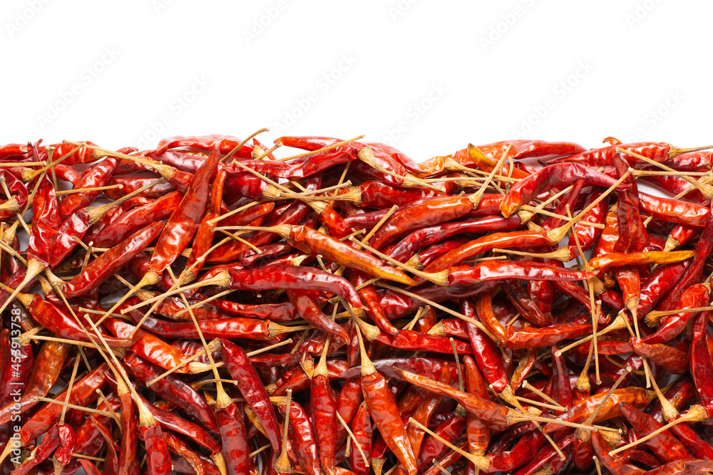 Fototapeta premium Top view of dried chili on white background