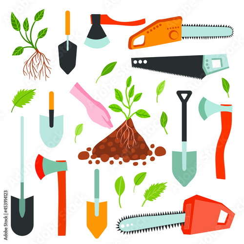 Vector gardening tools set. Flat horticultural spring set. Shovel, axe, plant, chainsaw. Design for stickers, decoration.