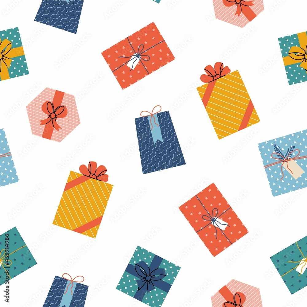 Party and christmas presents seamless pattern on white background. Simple trendy pattern of different gift boxes Party and christmas presents seamless pattern on white background. Simple trendy pattern of different gift boxes