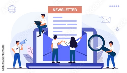 Subscribe now to our newsletter vector illustration with tiny people working with envelope and newsletter Buttons template Subscribe, submit Send by mail Follow me Business model newsletters content