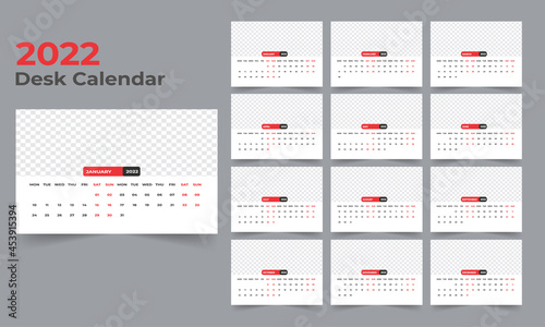 Desk Calendar template.The week monday on Sunday. Set of 12 Month