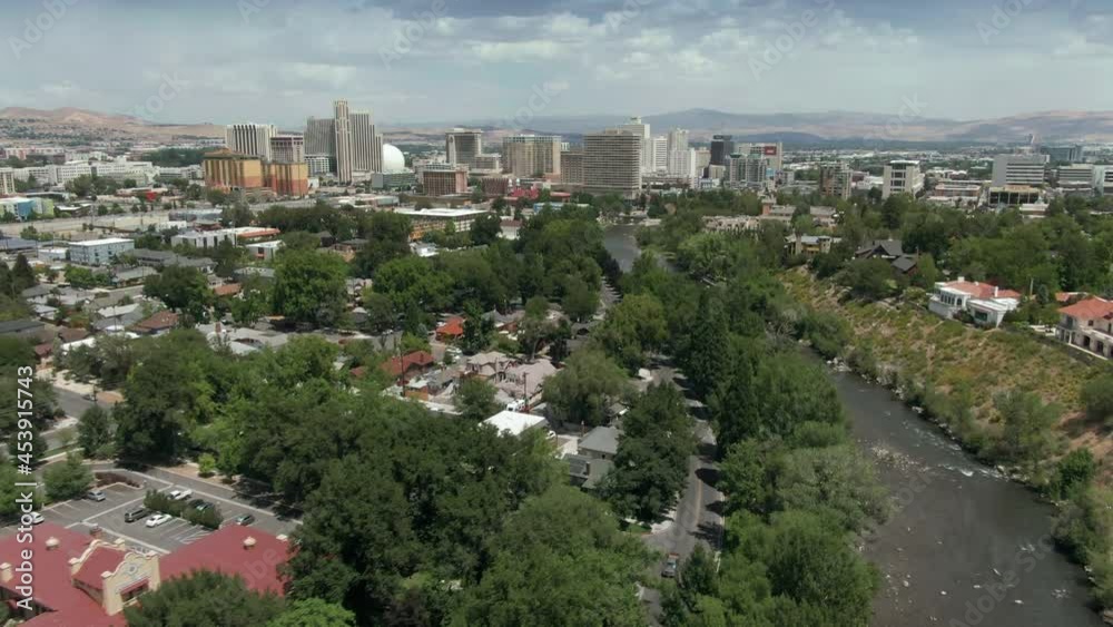 Aerial: Truckee River and city skyline. Reno, Nevada, USA Aerial: Truckee River and city skyline. Reno, Nevada, USA