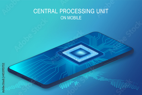 CPU of phone. Microchip, smd electronic components of mobile device on circuit board or motherboard. Digital Processor. Engineering and develop electronic microcontroller. vector illustration. photo