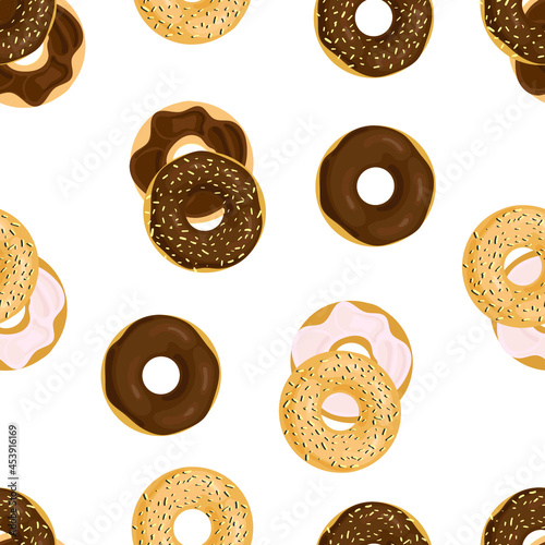 Vector Seamless Pattern with Chocolate and Creamy Bagels, Colorful Background Template, Cream Cheese Bagel, Breakfast Background.